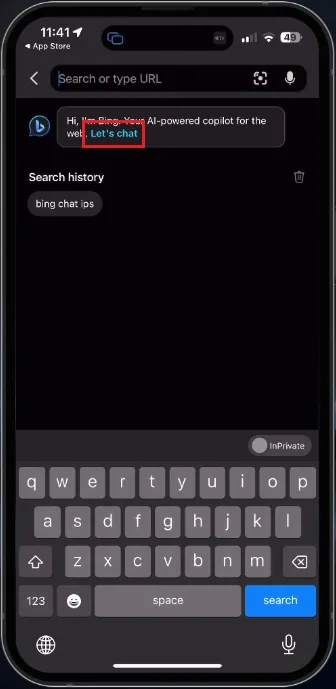 tap "let's chat" in the bing app