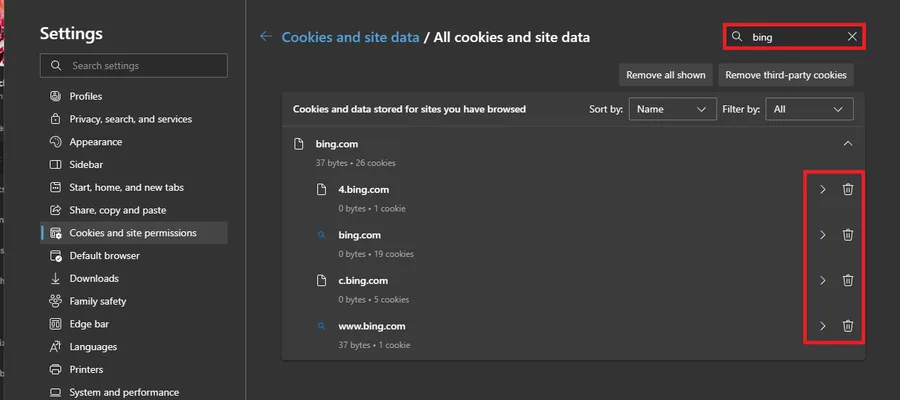delete the bing cookies