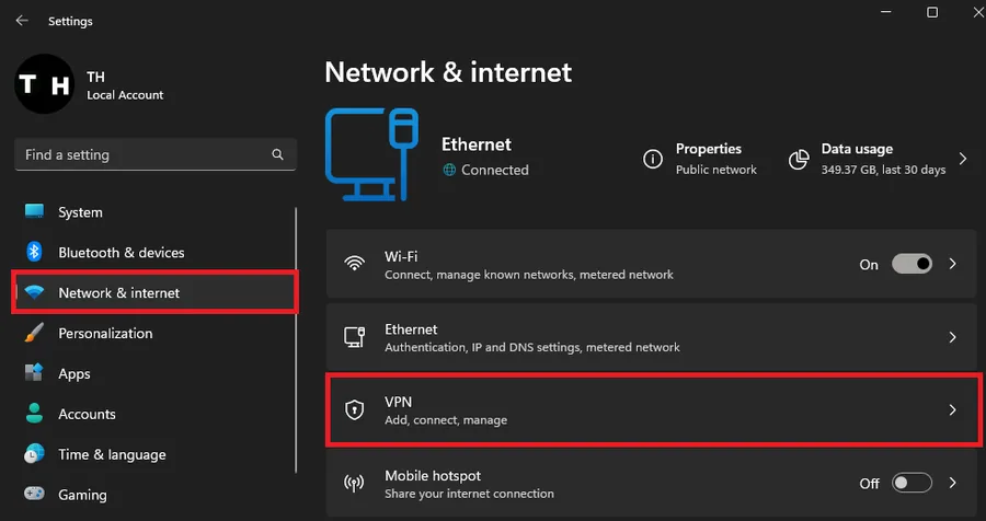 Windows Settings > Network & Internet > VPN
