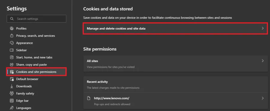 chrome settings for cookies and site permissions