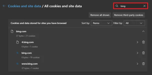 find and delete bing cookies