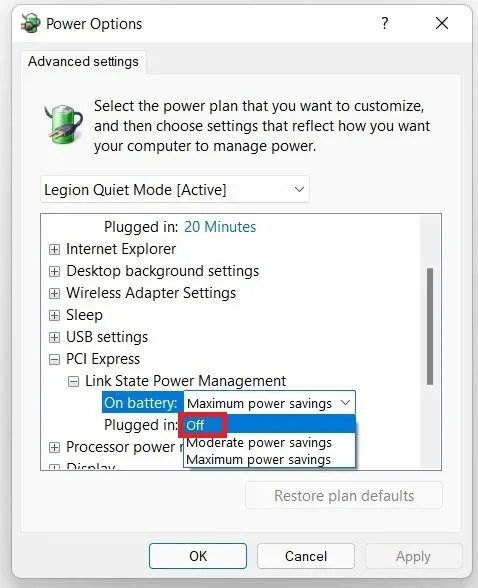 Power Options > Advanced Settings