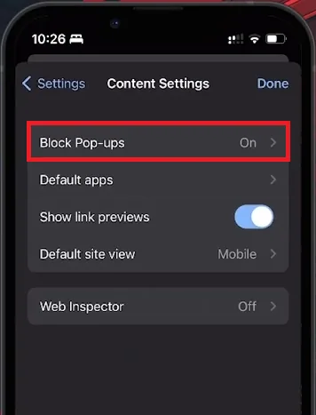 block pop ups option