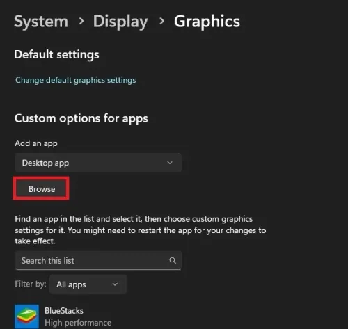 Custom options for apps > Browse