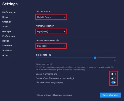 BlueStacks Settings > Performance