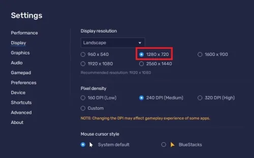 BlueStacks Settings > Display