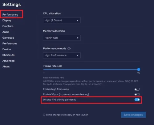 BlueStacks Settings > Performance > Display FPS During Gameplay