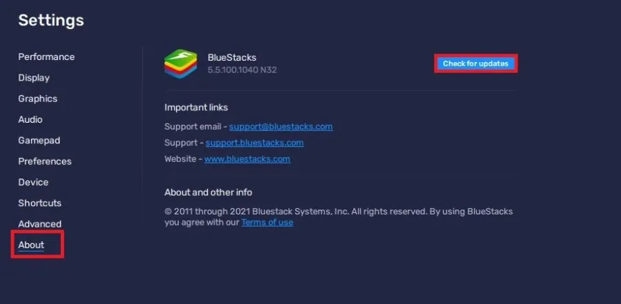 BlueStacks Settings > About > Check for Updates