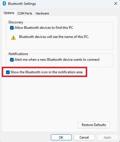 show the bluetooth icon in the notification area