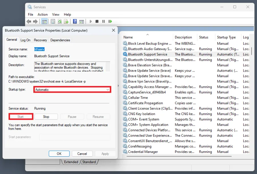 enable the Bluetooth service