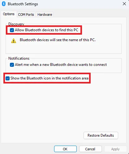 bluetooth settings panel