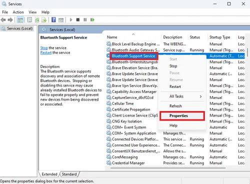 Bluetooth Support Service properties
