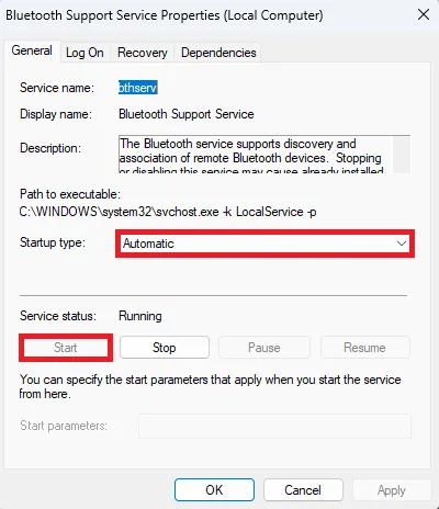 Bluetooth Support Service properties