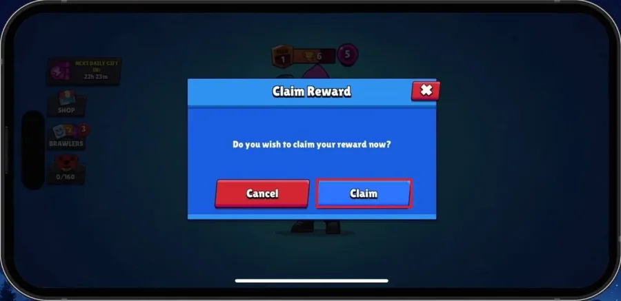 Brawl Stars in-game reward screen with the Claim button