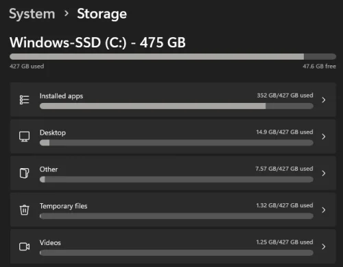 windows storage settings