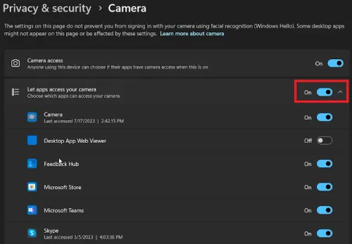 allow apps to access cam