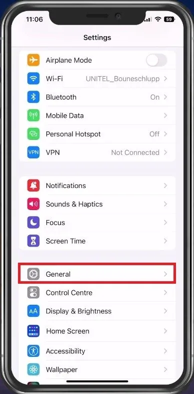 iOS Settings > General