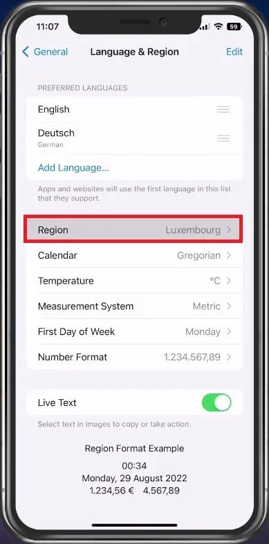 Settings > General > Language & Region > Region