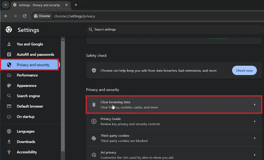 chrome clear browsing data