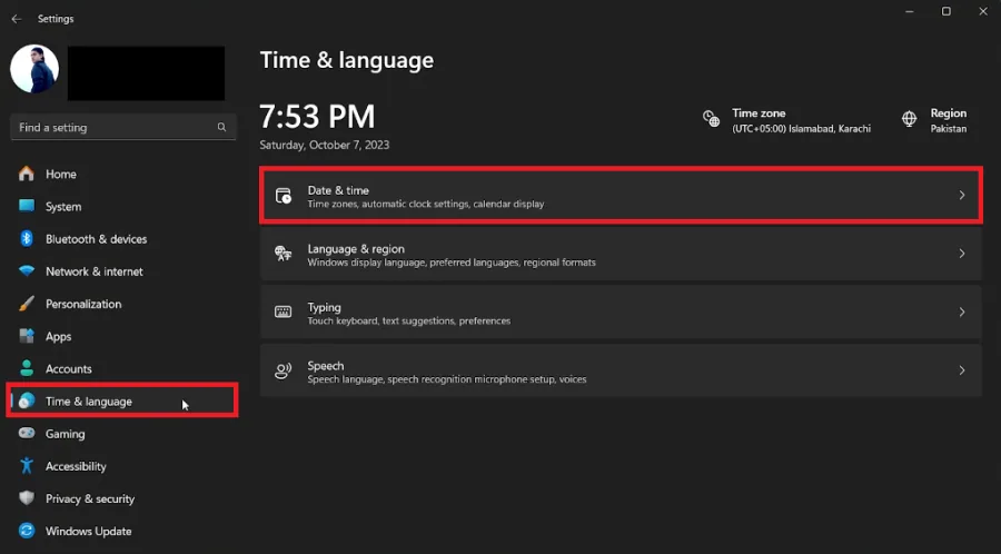Windows Settings > Time & Language > Date & Time