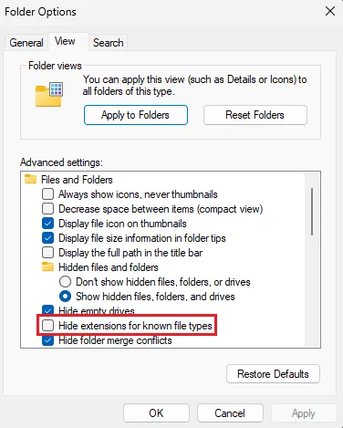 hide extensions for know file types