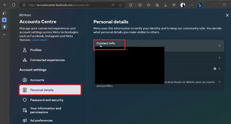 account centre personal details