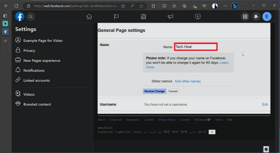 change the name of your page on facebook