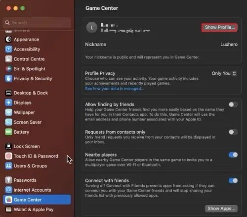 System Settings > Game Center > Show Profile