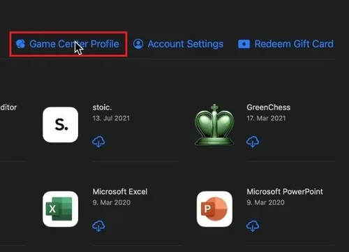 App Store > Profile > Game Center Profile