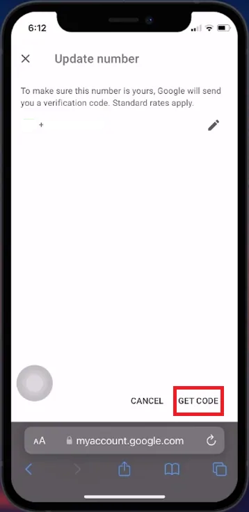 update number confirmation code