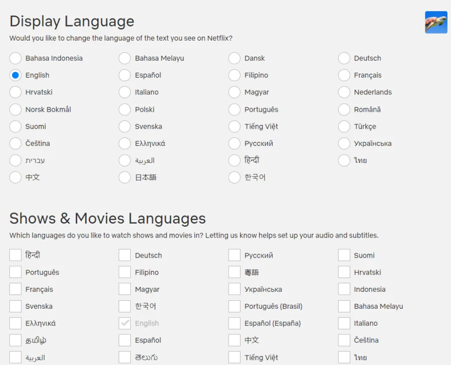 display and show and movie language