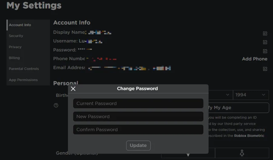 roblox change password