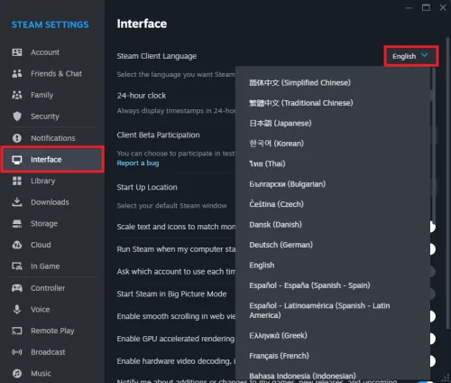 change steam interface language