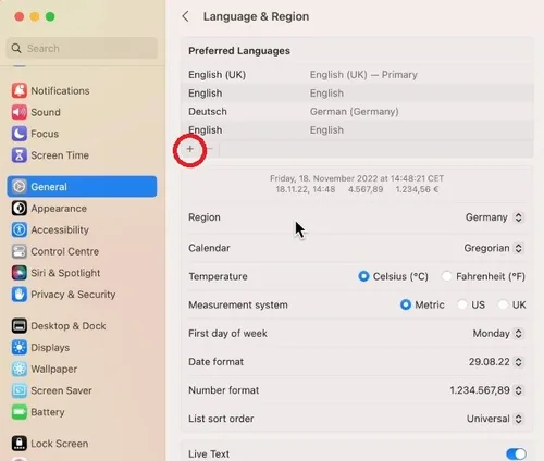 System Settings > General > Language & Resgion