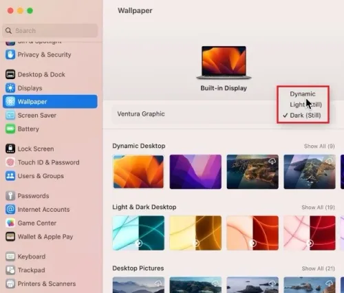 System Settings > Wallpaper > Dynamic Desktop
