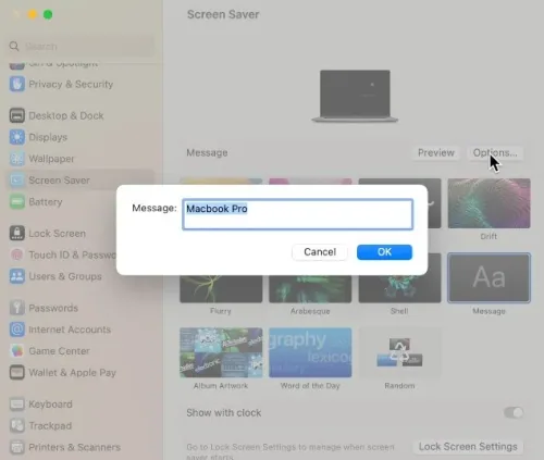 System Settings > Screen Saver > Message