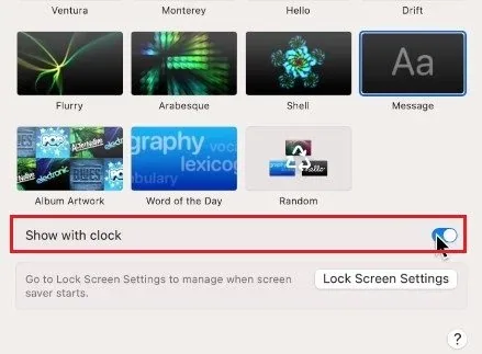 System Settings > Screen Saver > Show with clock