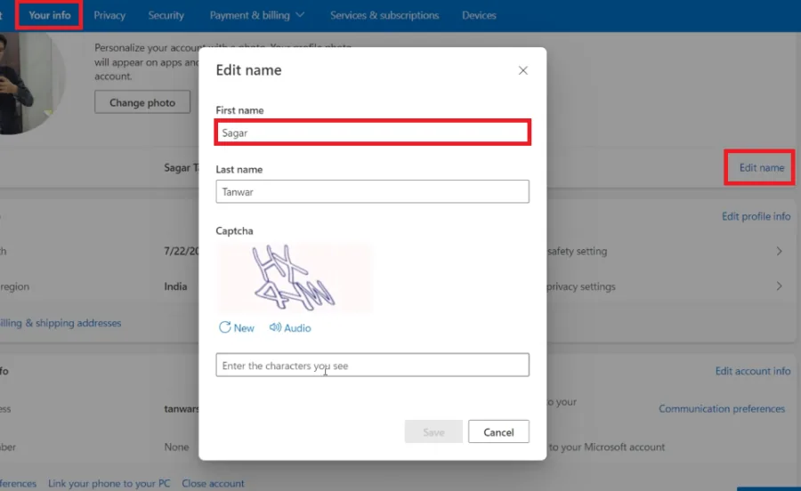 your info edit name