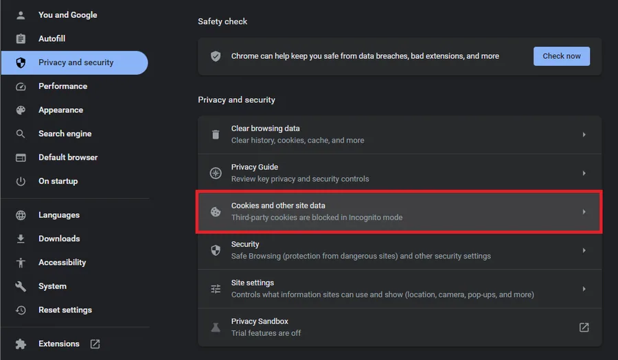 cookies and other site data