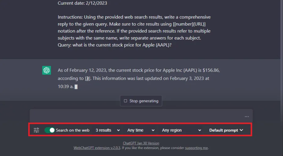 Change the WebChatGPT Options to your liking