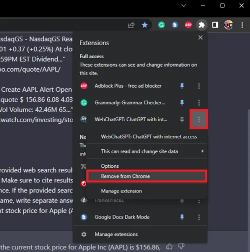 Chrome Extensions > WebChatGPT > Remove from Chrome