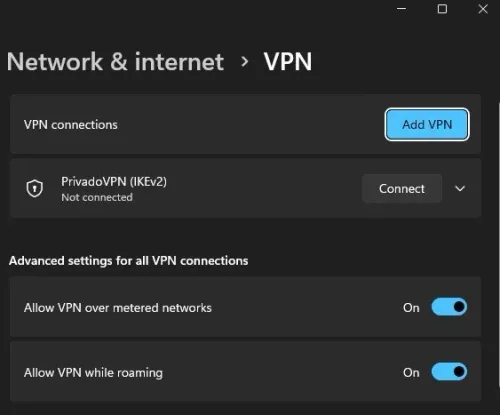 Windows Settings > Network & internet > VPN