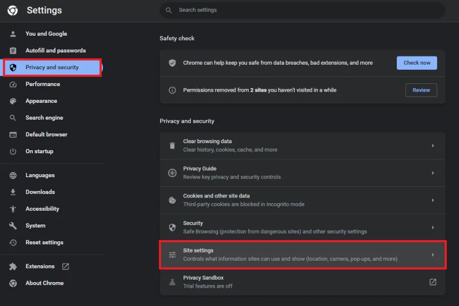 google chrome site settings
