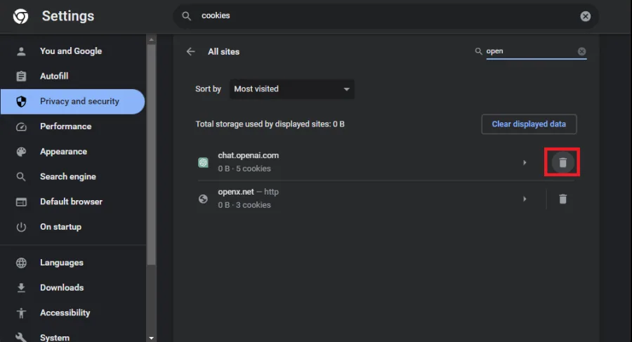 delete site cookies for open ai