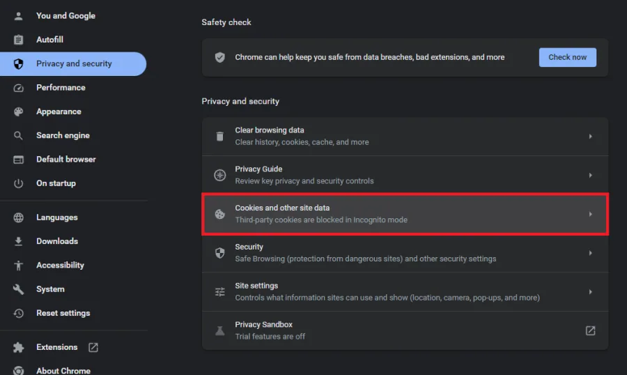 Chrome > Settings > Privacy & Security