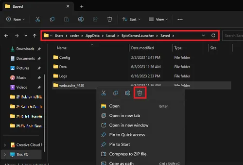 delete webcache folder
