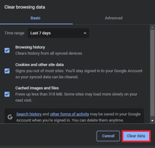 Chrome Clear Browsing Data settings