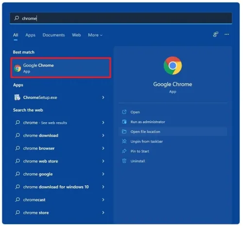 Search for Google Chrome > Open File Location