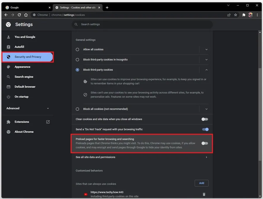 Cookies and other site data > Preload pages for faster browsing and searching (Disable)