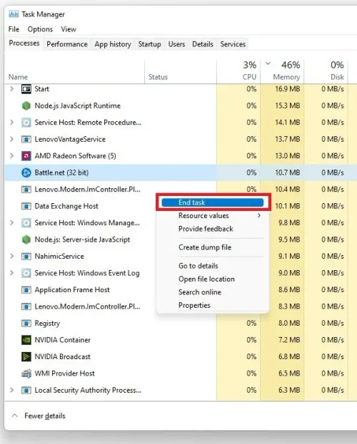 Task Manager > Processes > End Task